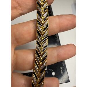 Gold Tone Herringbone Link Bracelet Black Enamel Silver Texture Chevron 7.25in